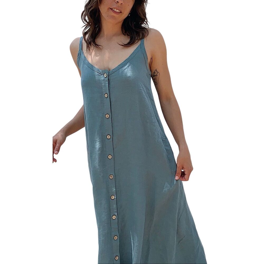 Yuvita Linen Button-Front Midi Dress, Size XS